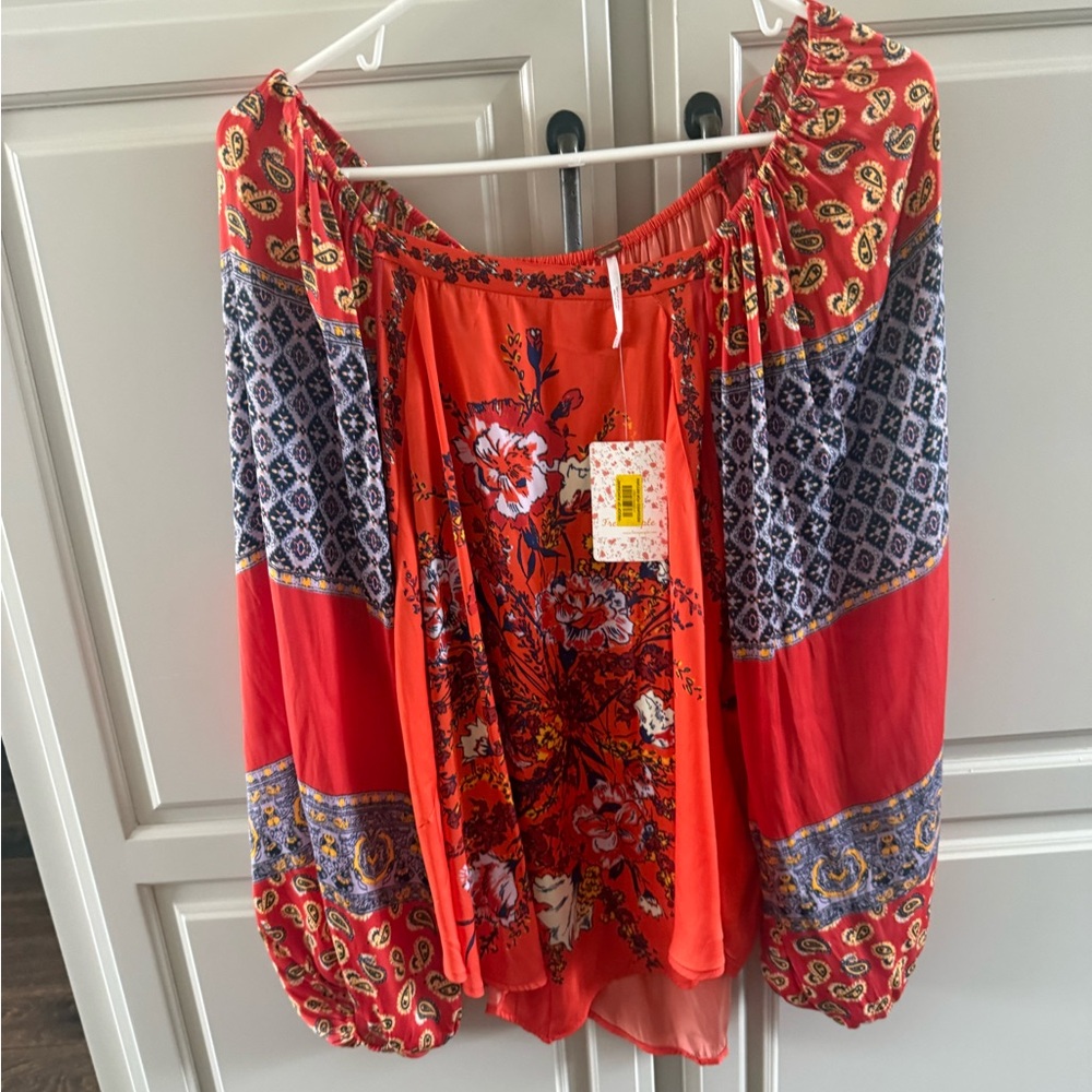 Free People Medium Positano Red Orange Floral Blouse Boho Flowy NWT